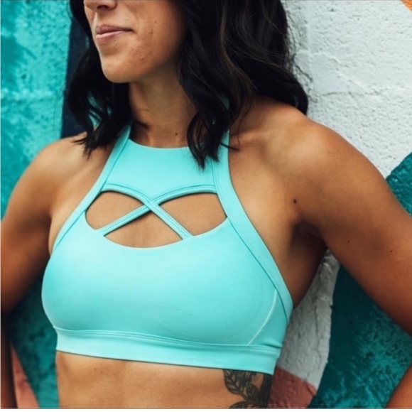 Barbella Box x Chestee “The Kandace” Sports Bra Turquoise Blue Cut Outs Swim - Picture 2 of 14